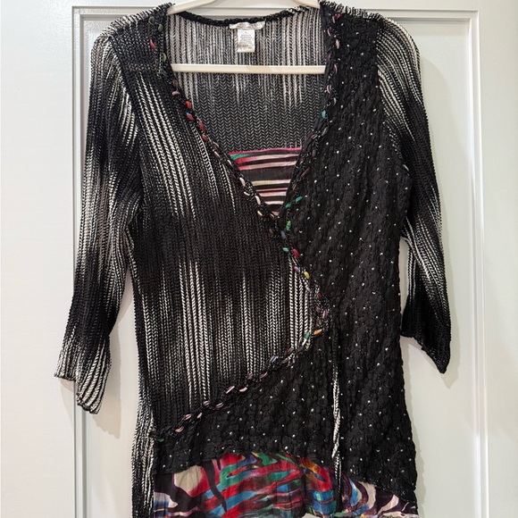 alberto mikali Tops - Alberto Mikali Black and White Asymmetrical Wrap Blouse with 3/4 Sleeves